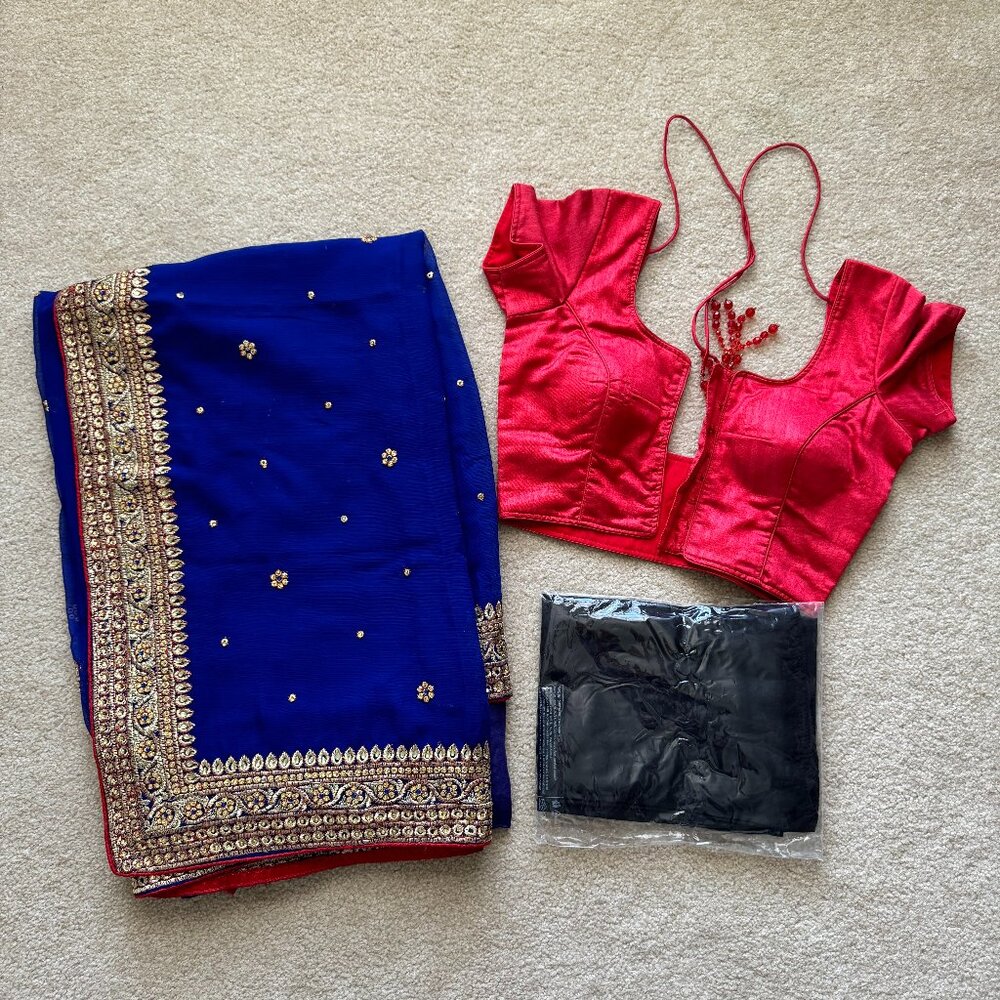 Women's Sari Saree Blue and Red XXS/XS